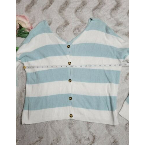 Pink Republic Cotton Blend Blue White Wide Stripe Back Button Knit Top XL - Picture 10 of 12